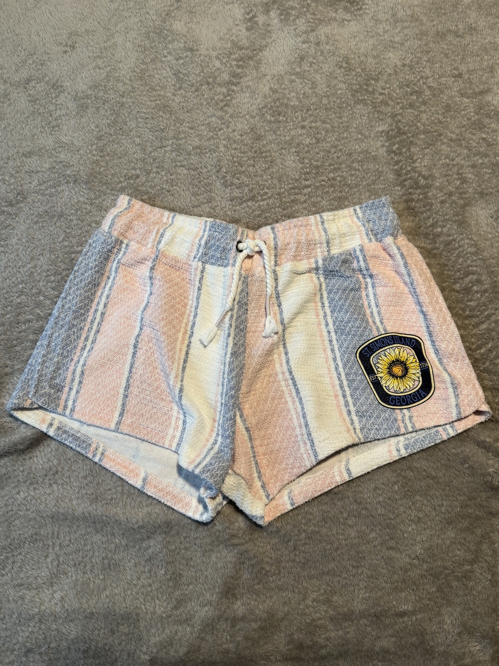 Ocean Drive Striped Pastel Terry Shorts with Sunflower Patch Size L
